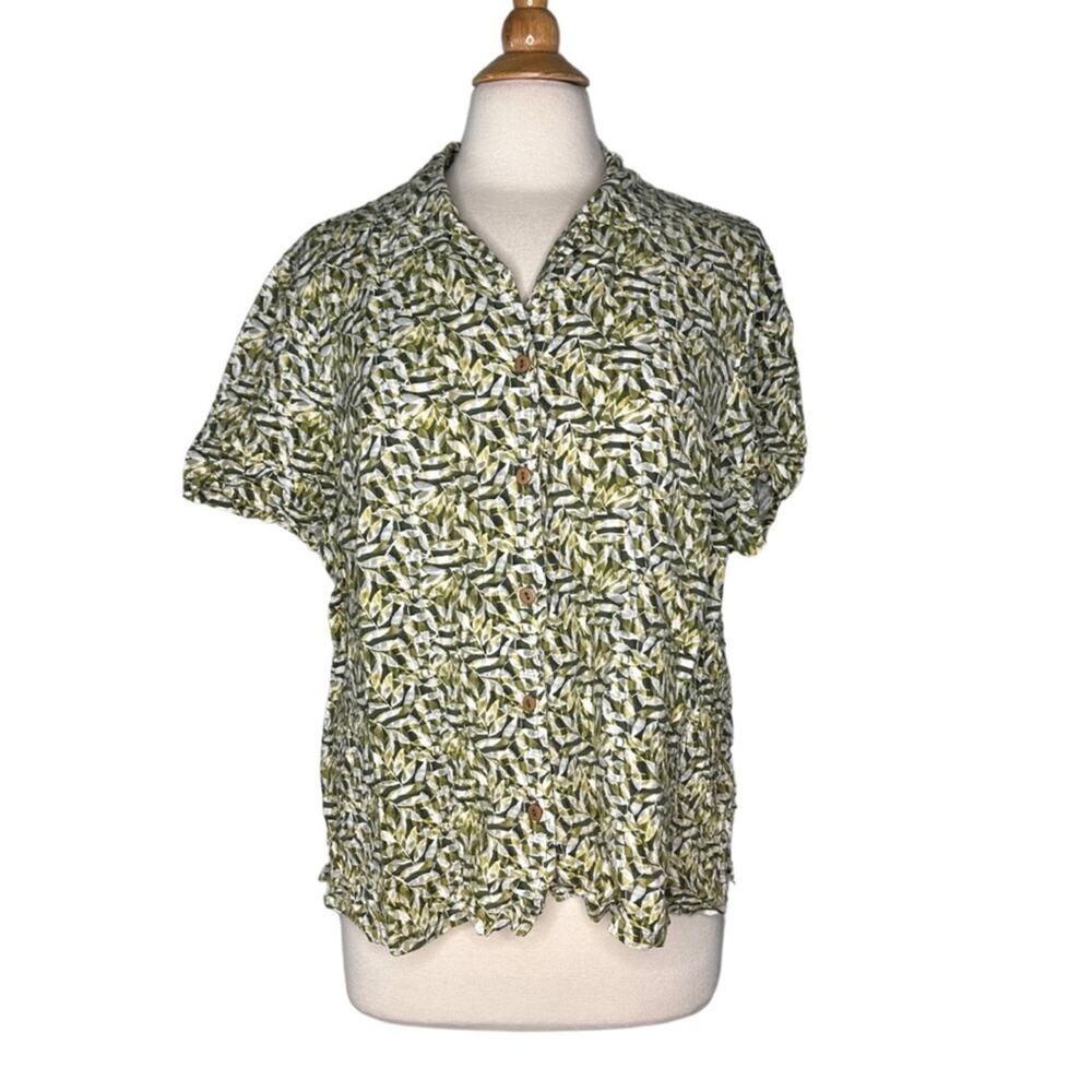 Linden Hill Green Leaf Print Button-Up Shirt Casual Eclectic Fun Beachy Top PP32